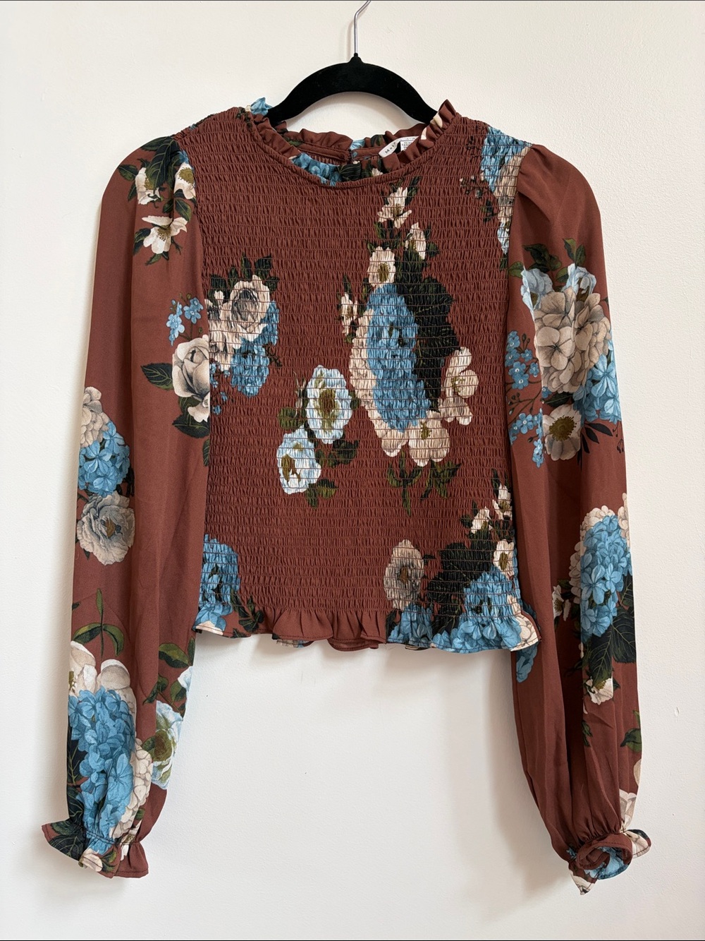 Smocked Floral Long-Sleeve Crop Blouse - Rust Floral